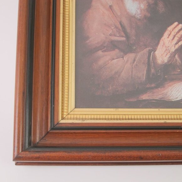 Antique Victorian Deep Picture Frame Walnut Wood Gold Gilt Old Man Praying Print - Picture 6 of 12